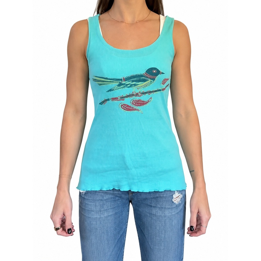 Free People Turquoise Ribbed Bird Graphic Tank Top Lettuce Edge Hem